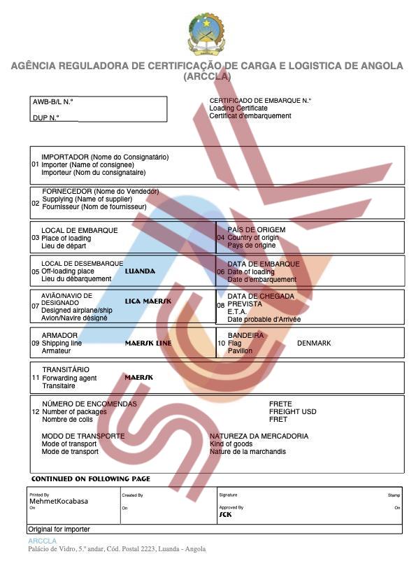 Angola ARCCLA Certificate Example