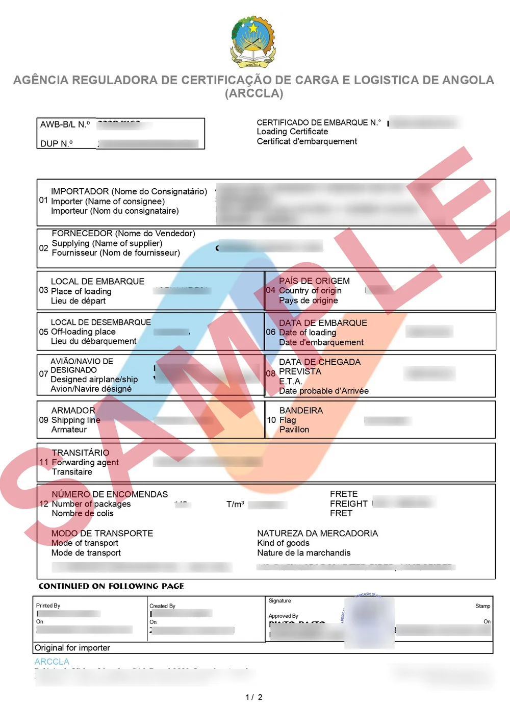 Masked sample of a validated Angola CNCA certificate