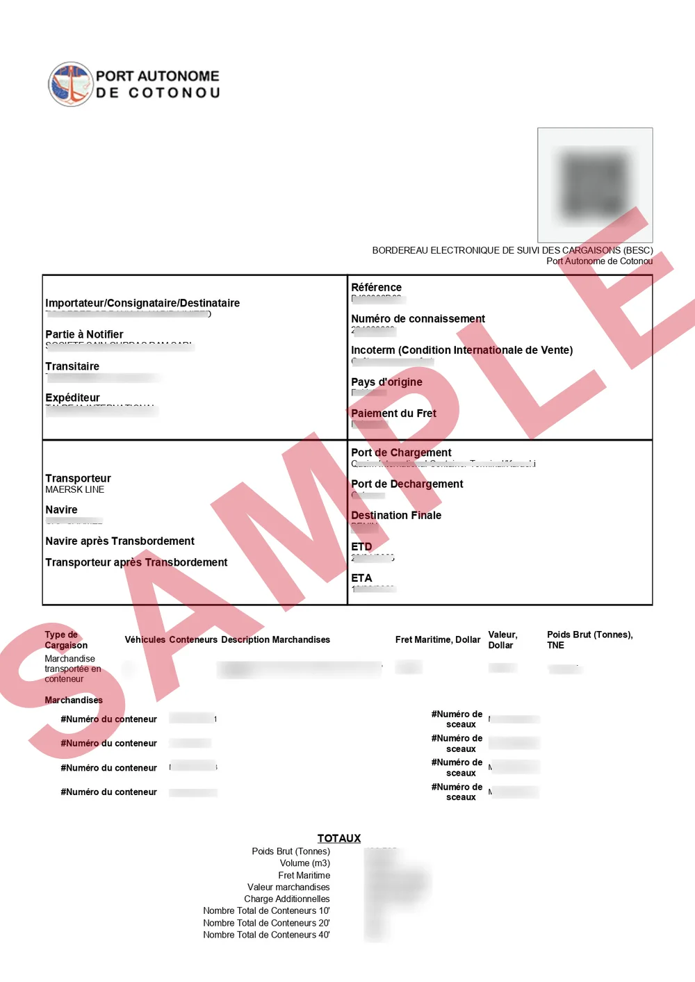 Masked sample of a validated Benin BESC certificate