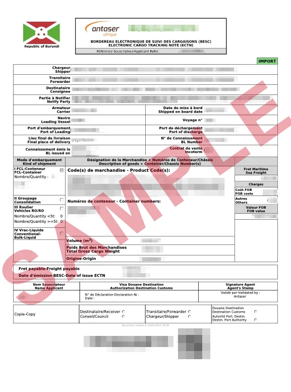 Masked sample of a validated Burundi ECTN certificate