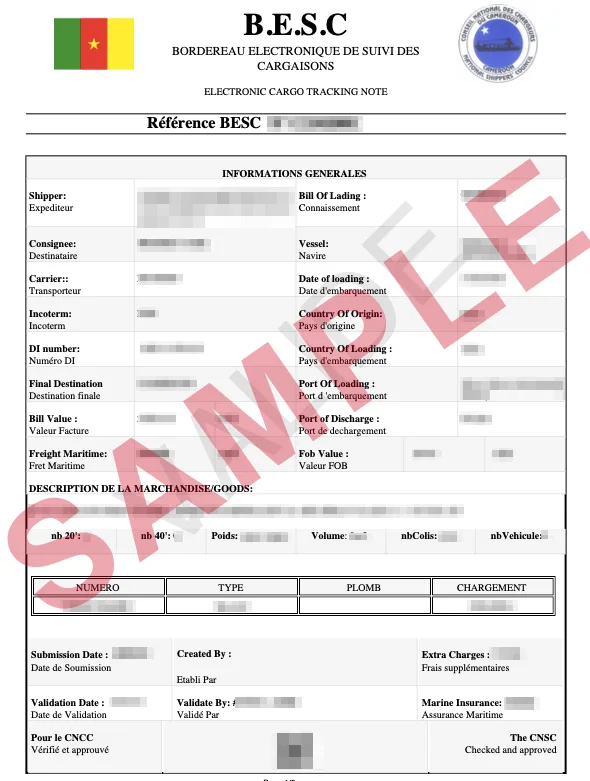 Masked sample of a validated Cameroon BESC certificate
