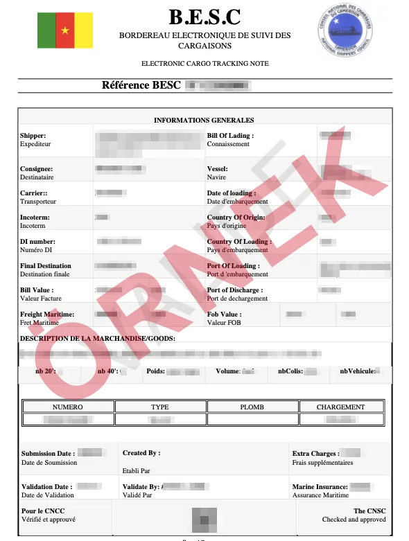 Maskelenmiş örnek: onaylanmış Kamerun - BESC Sertifikası