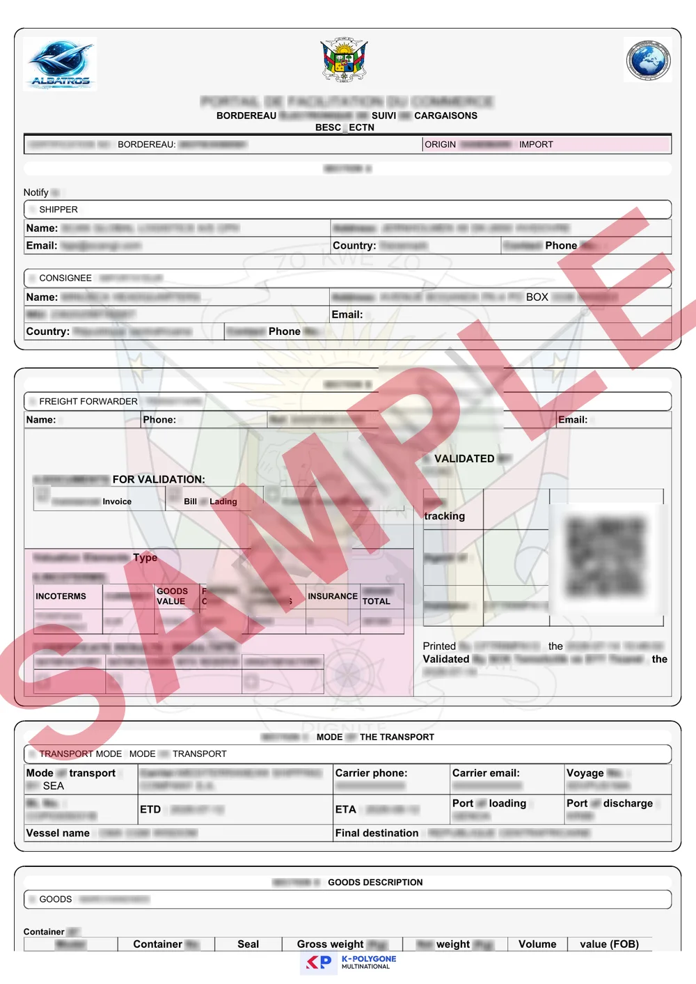 Masked sample of a validated Central African Republic ECTN certificate