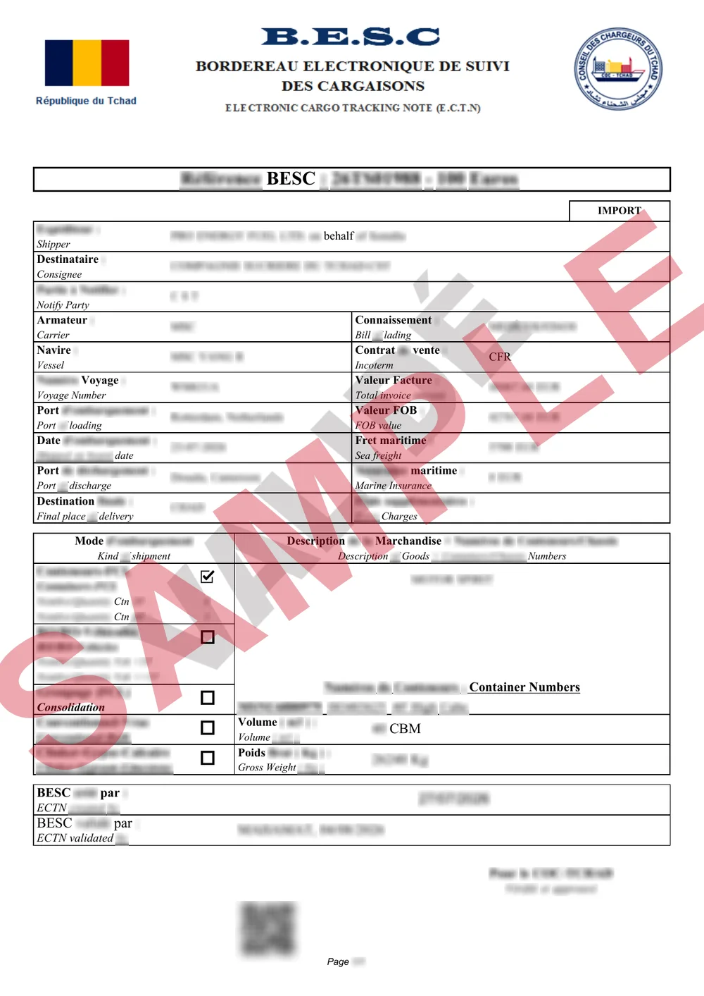 Masked sample of a validated Chad BESC certificate