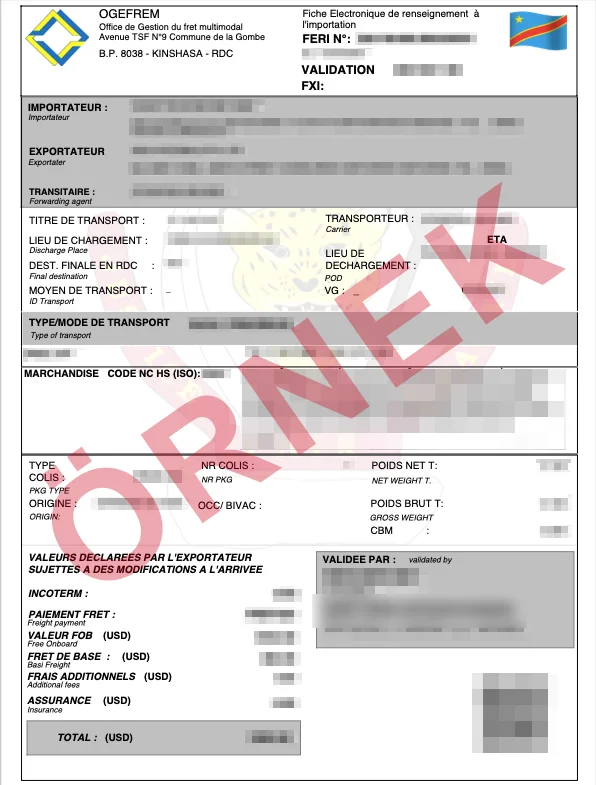 Maskelenmiş örnek: onaylanmış Demokratik Kongo - FERI Belgesi