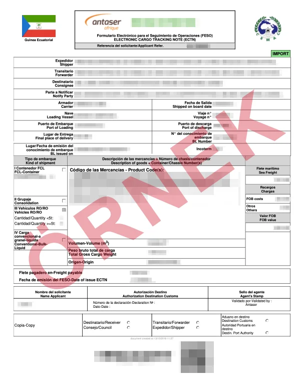 Maskelenmiş örnek: onaylanmış Ekvator Ginesi ECTN Sertifikası
