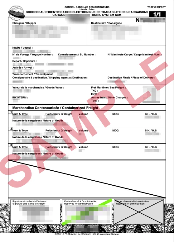 Masked sample of a validated Gabon BIETC certificate