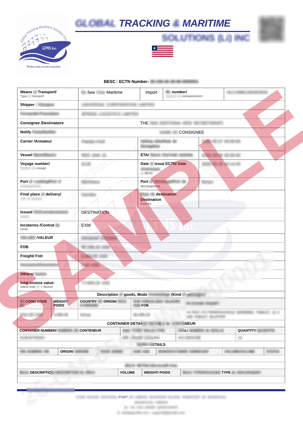 Masked sample of a validated Gambia CTN certificate