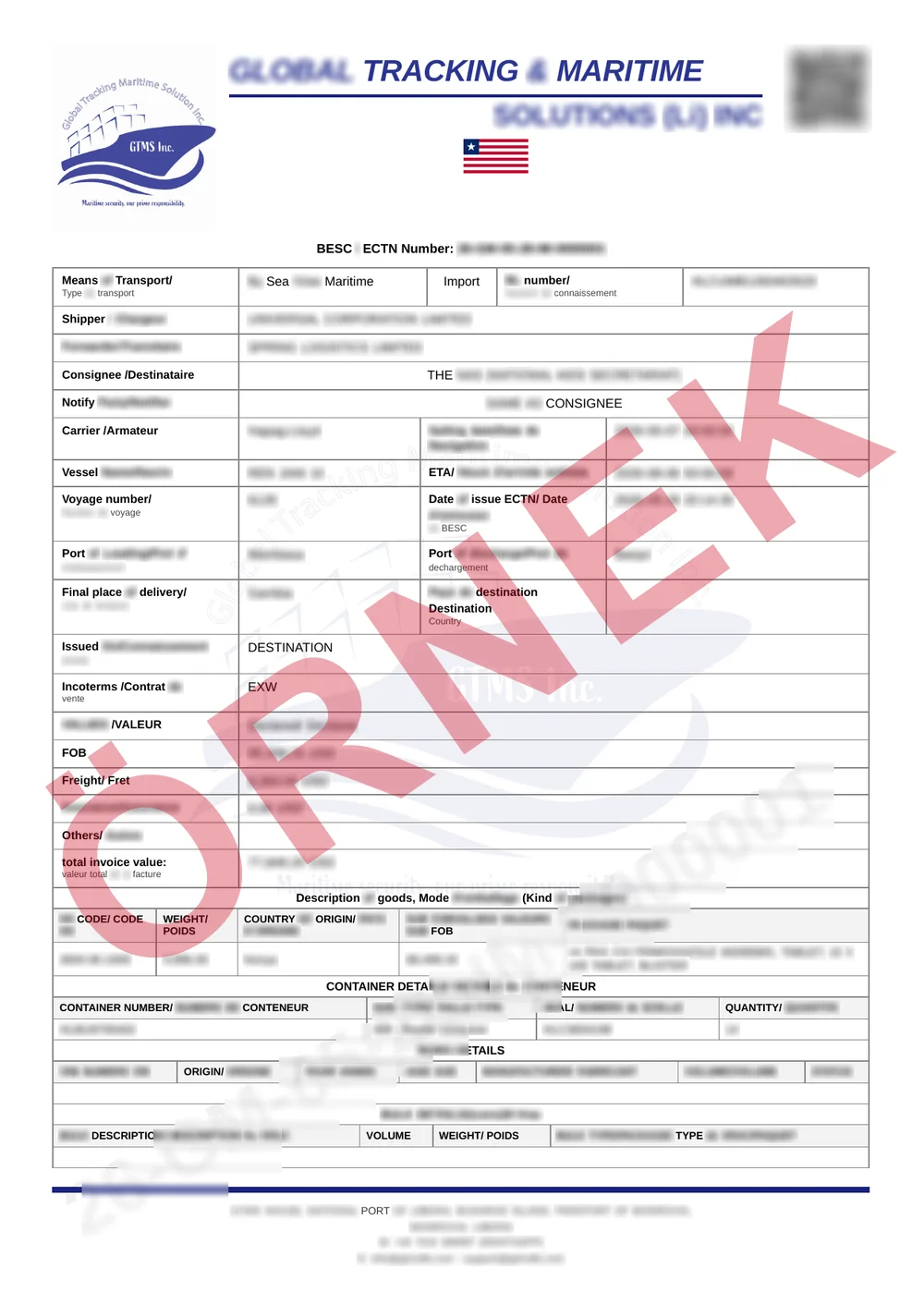 Maskelenmiş örnek: onaylanmış Gambiya CTN Belgesi