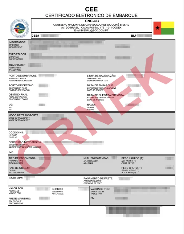 Maskelenmiş örnek: onaylanmış Gine Bissau ECTN / CEE Sertifikası