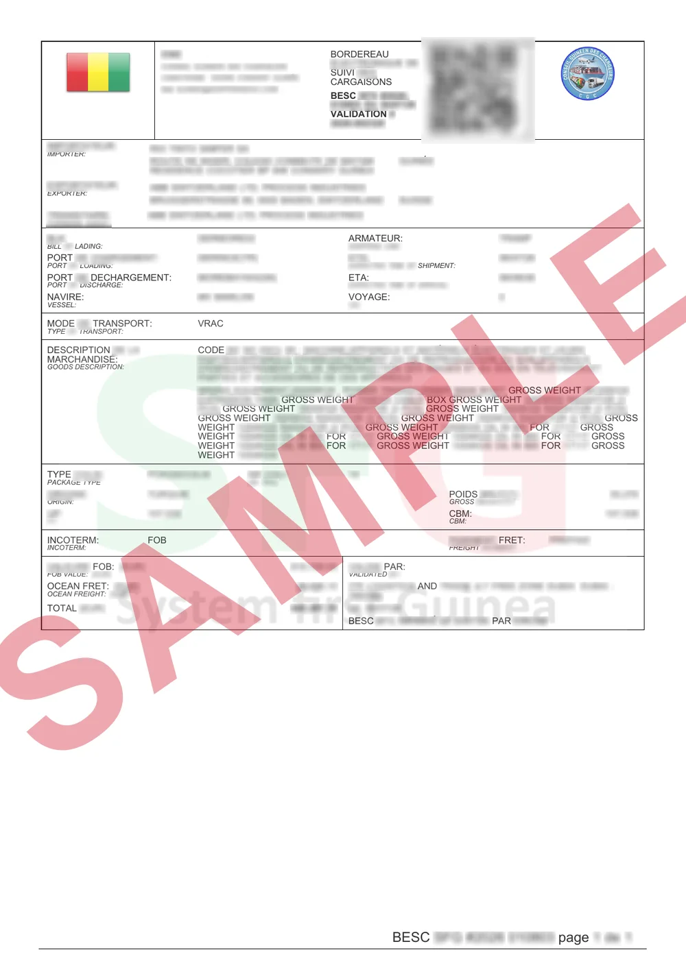 Masked sample of a validated Guinea ECTN certificate
