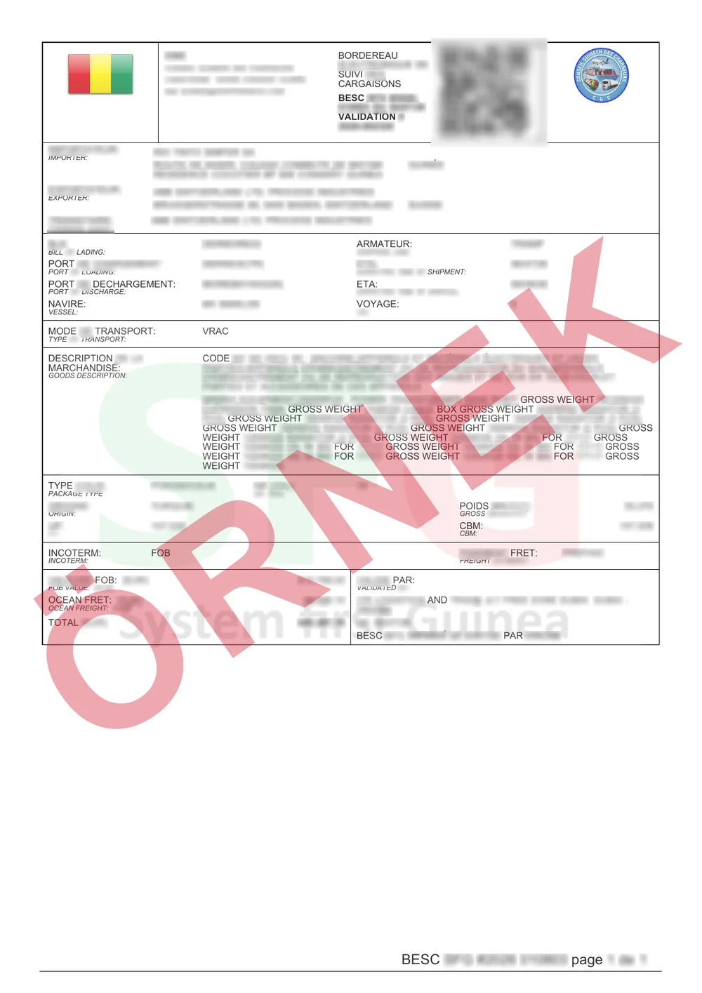 Maskelenmiş örnek: onaylanmış Gine Konakri ECTN / ICTN Numarası