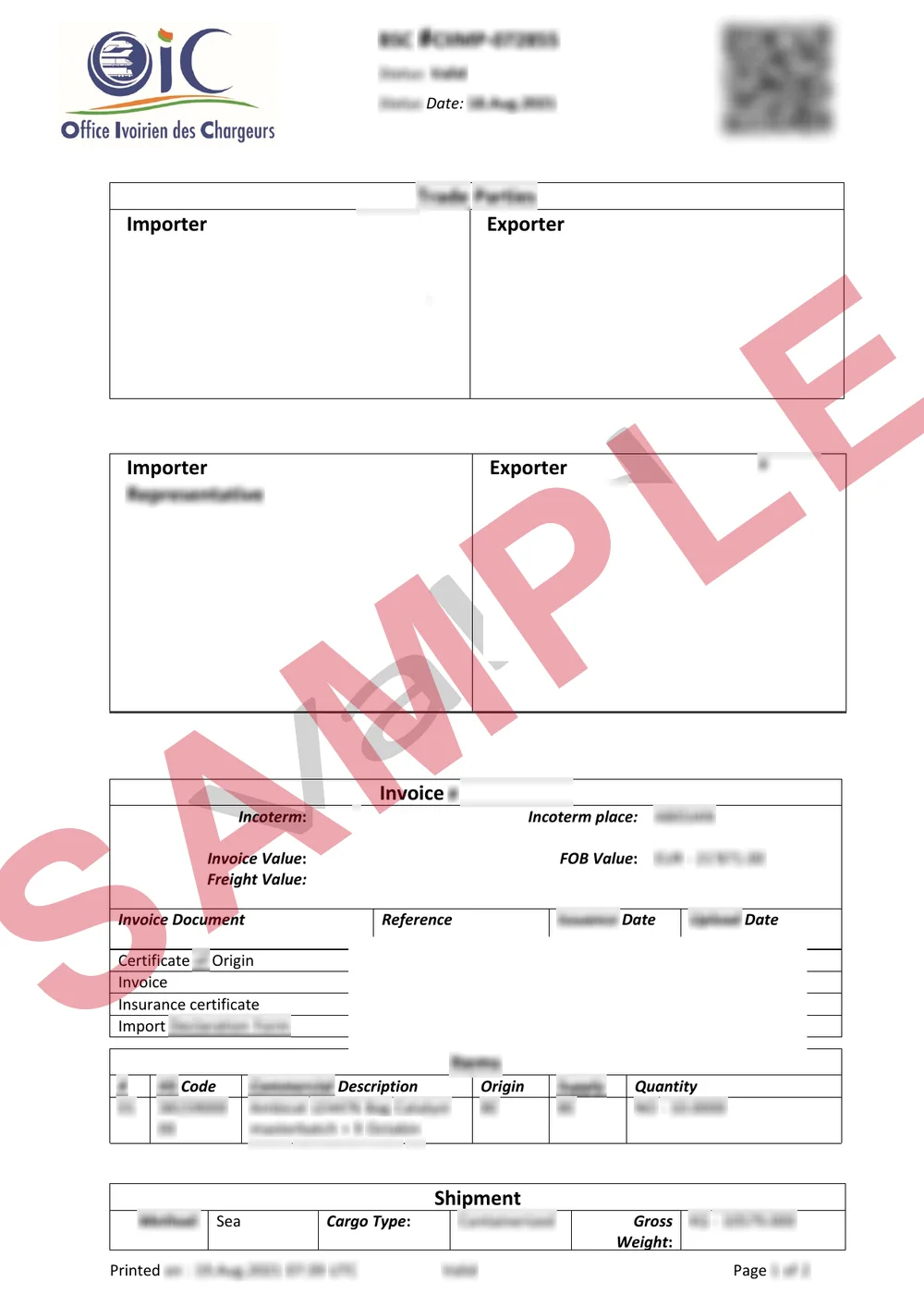Masked sample of a validated Ivory Coast BSC certificate
