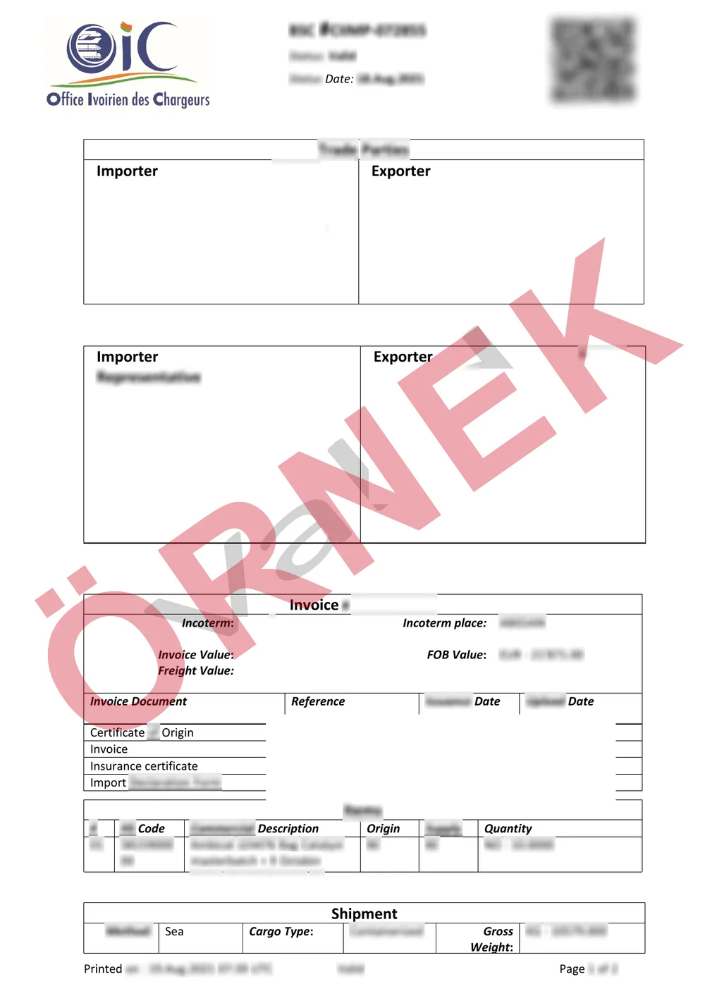 Maskelenmiş örnek: onaylanmış Fildişi Sahili BSC - Yükleme Sertifikası