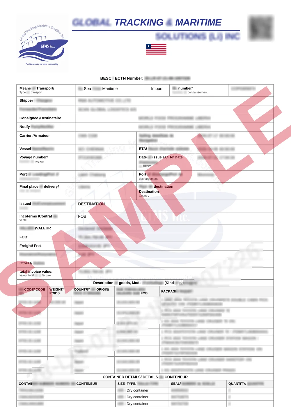 Masked sample of a validated Liberia CTN certificate