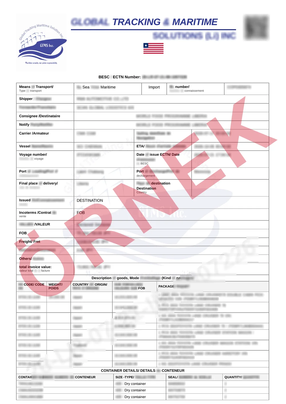 Maskelenmiş örnek: onaylanmış Liberya CTN Belgesi