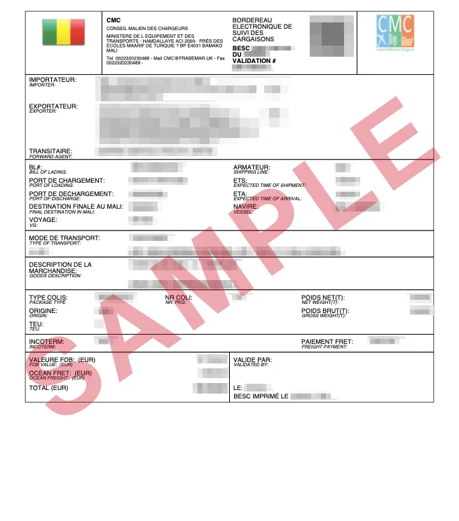 Masked sample of a validated Mali BSC certificate
