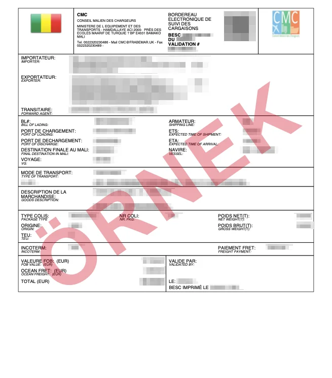 Maskelenmiş örnek: onaylanmış Mali BESC - Yükleme Sertifikası