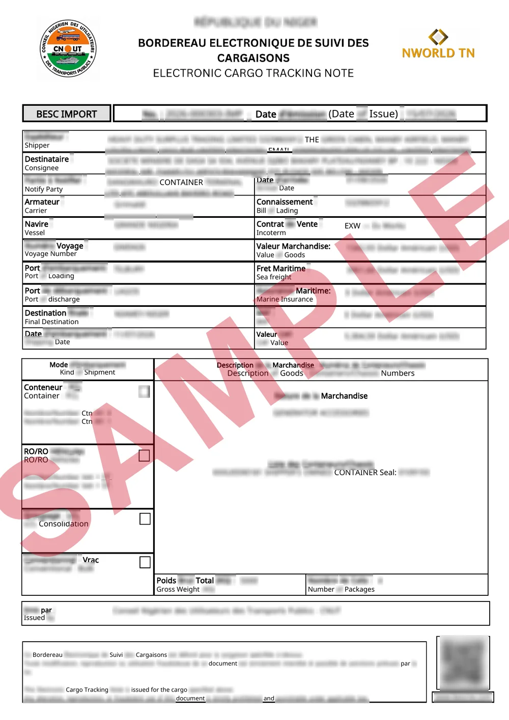 Masked sample of a validated Niger BSC certificate