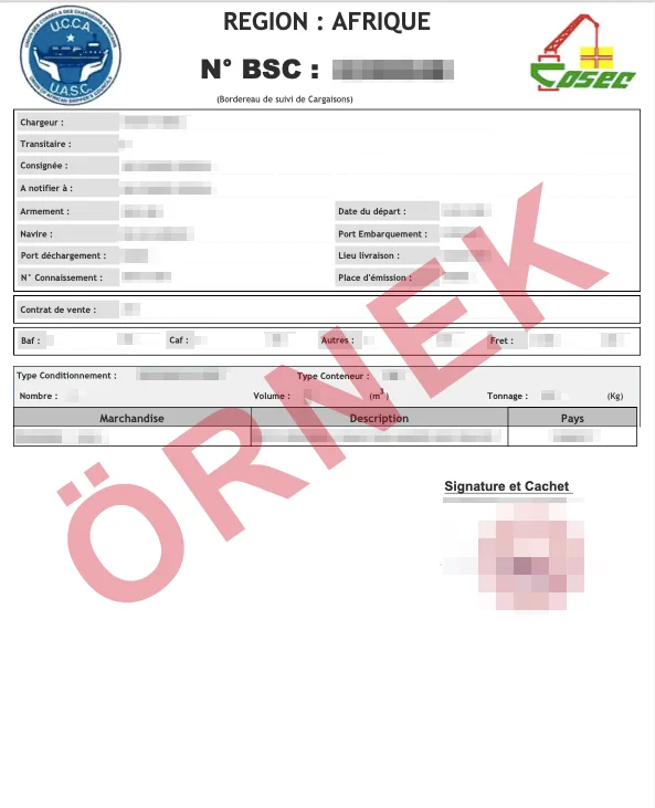 Maskelenmiş örnek: onaylanmış Senegal - BSC Belgesi
