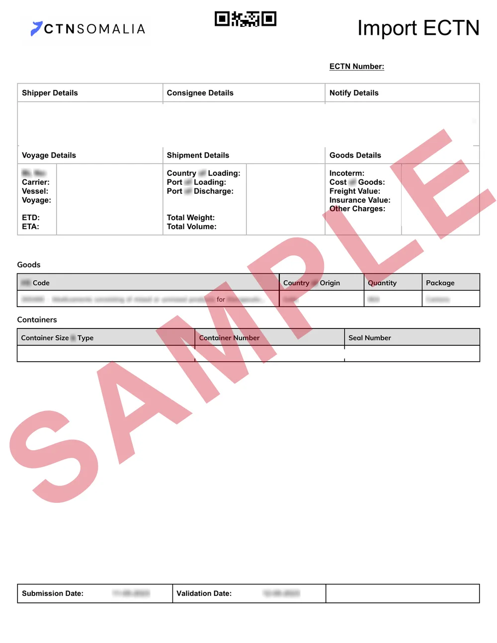 Masked sample of a validated Somalia CTN certificate