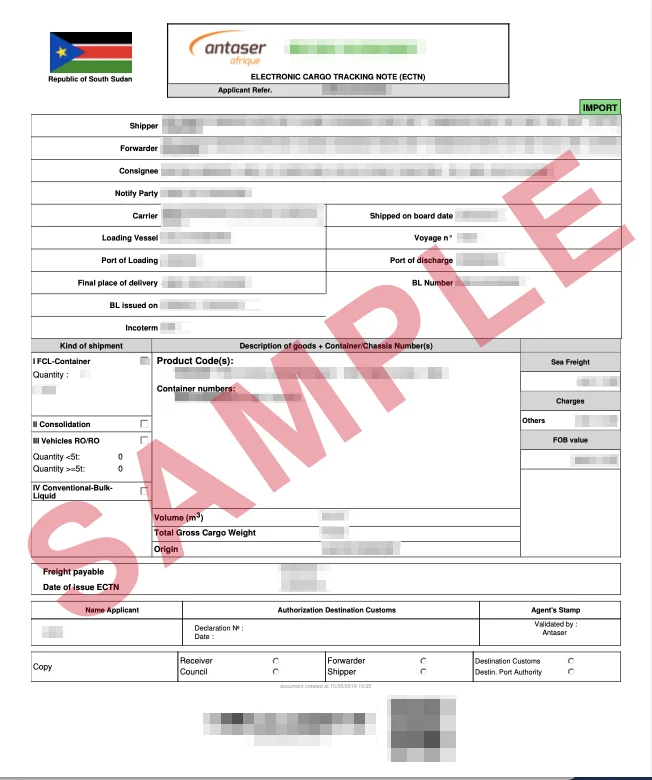 Masked sample of a validated South Sudan ECTN certificate