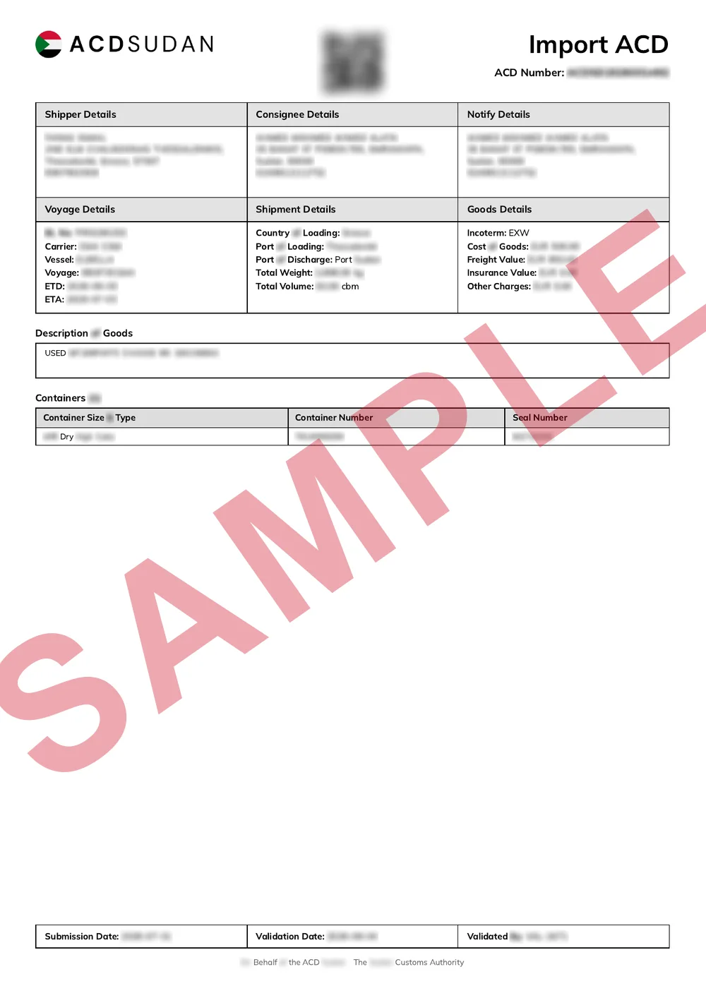 Masked sample of a validated Sudan ACD certificate