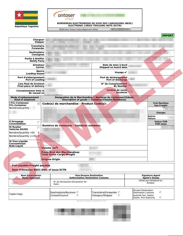 Masked sample of a validated Togo ECTN certificate