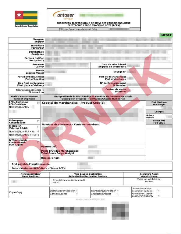 Maskelenmiş örnek: onaylanmış Togo - ECTN Sertifikası